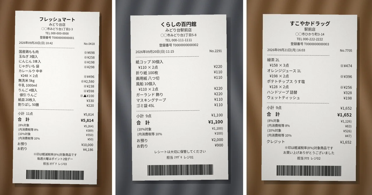 架空のレシート3枚の写真。左からフレッシュマート（食料品と紙皿・割りばし、合計5,814円、値引の行あり）、くらしの百円館（紙コップや風船など、合計1,100円）、すこやかドラッグ（飲み物・お菓子・日用品、合計1,652円、クレジット払い）