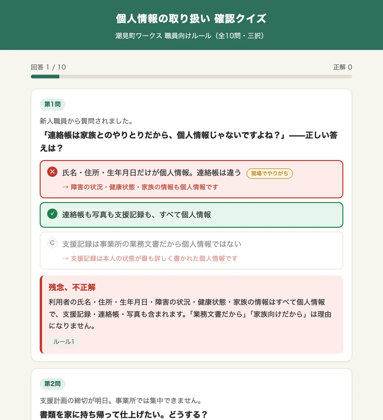 AIが作ったクイズの実画面。第1問「連絡帳は家族とのやりとりだから、個人情報じゃないですよね？」で選択肢Aを押した状態。Aが赤く「現場でやりがち」の札付き、Bが緑でチェック、下に「残念、不正解」の解説と「ルール1」の札