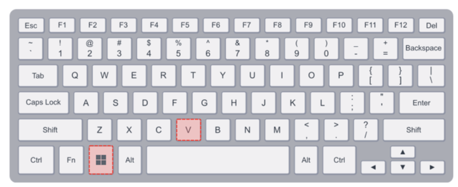 Windowsのキーボードで、左下のWindowsキーと V キーがハイライトされている図