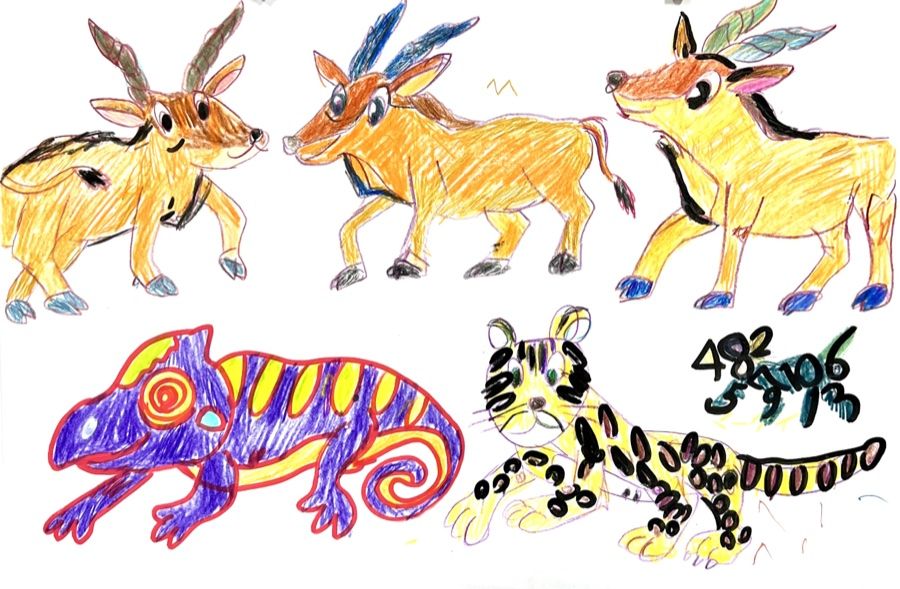 クレヨンで描かれたウシやカメレオン、トラたち