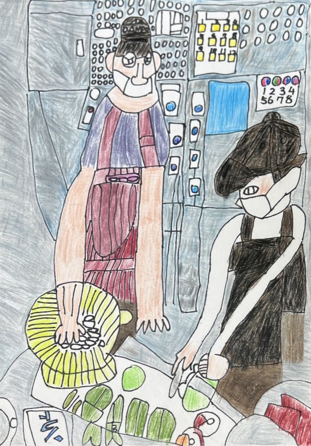 台所に立つ二人を描いた色鉛筆画