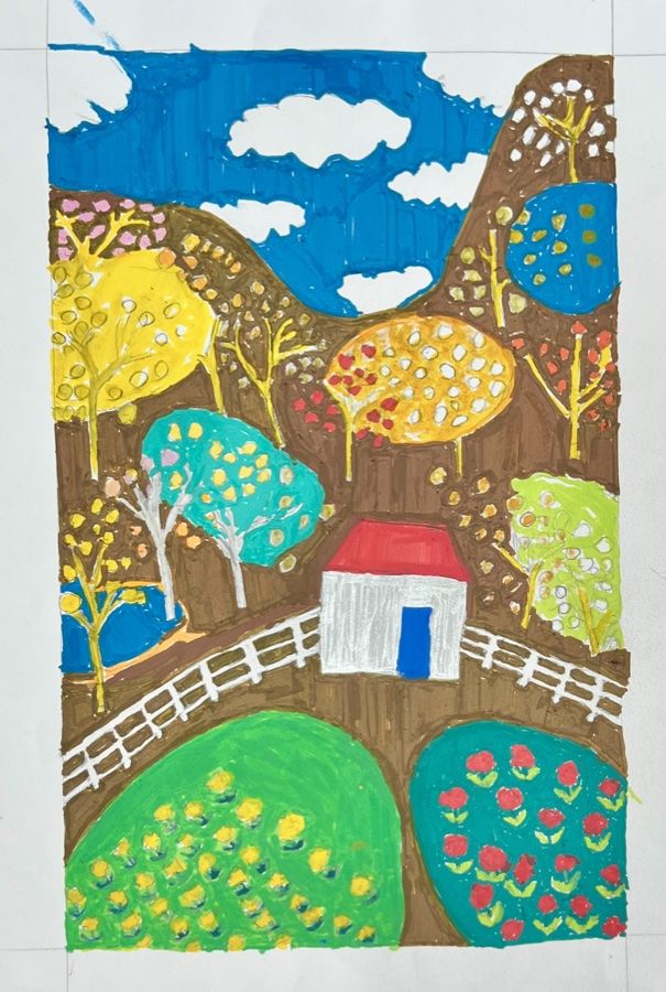 丘の上の家と色づく木々の風景画