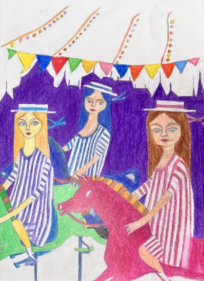 メリーゴーラウンドと3人の少女の絵